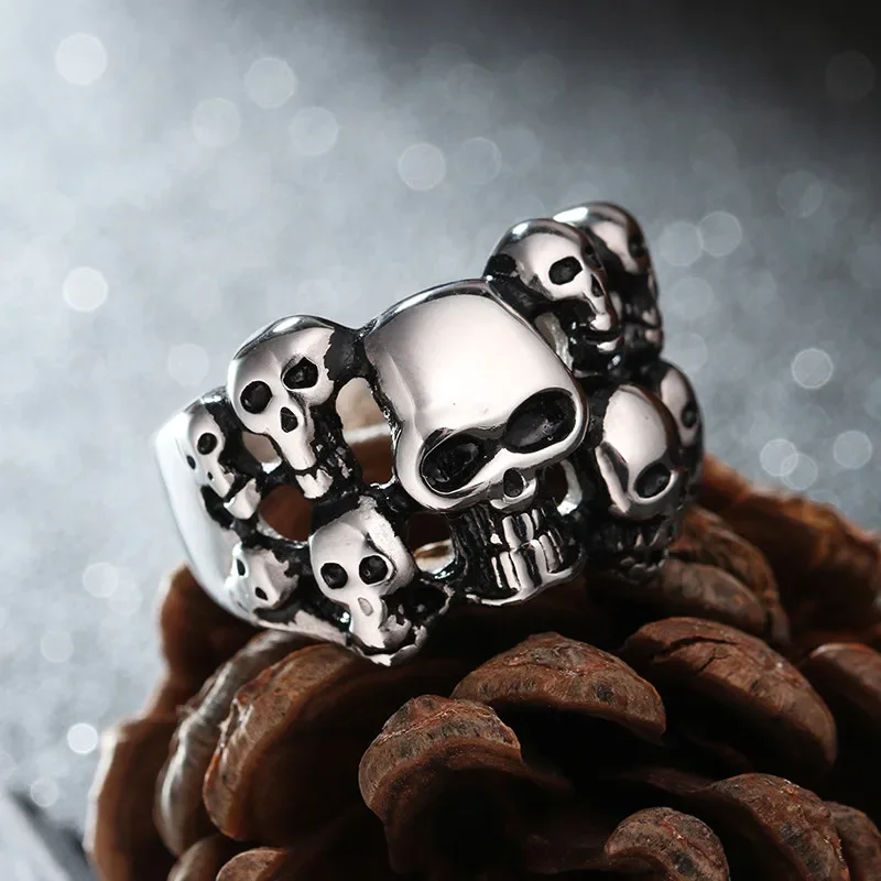 Stainless steel Punk Rock Skull Soul Leader Style Ring Men Gothic Skull Bone Biker Band Ring