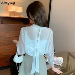 Summer Thin Shirts Women Ins Chic Bandage Korean Style Gentle Female Clothing Leisure Sun-proof Elegant Solid Color All-match