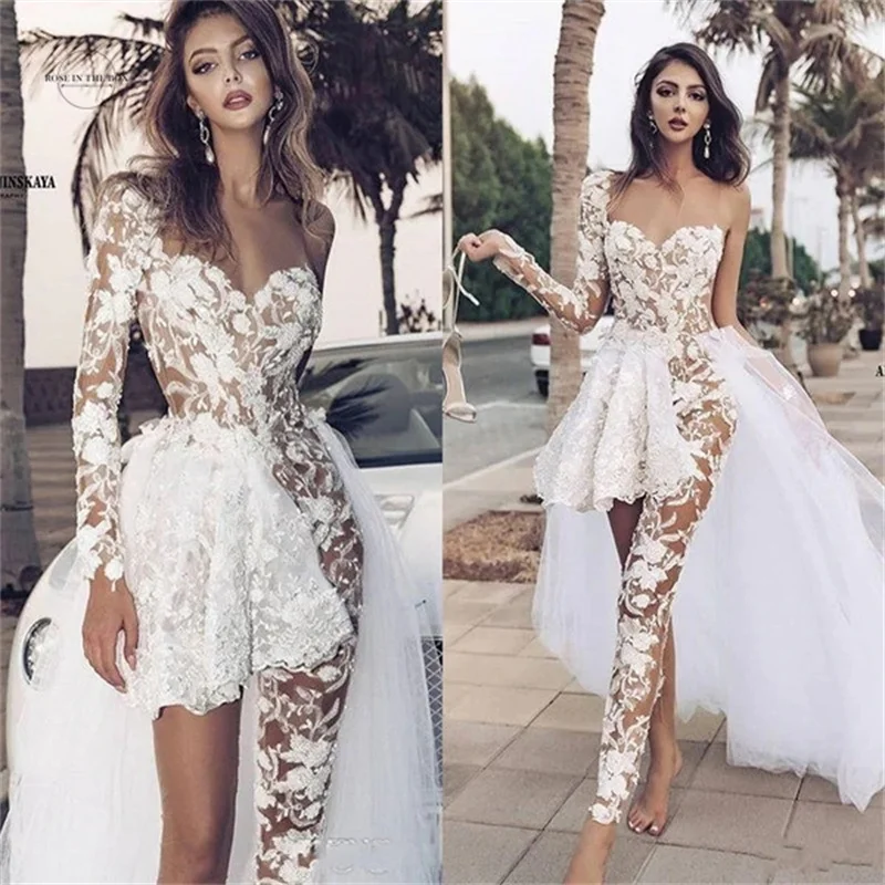 Klassische Spitze Overall Weiß Hochzeit Kleider 2022 One Langarm Sexy Asymmetrische Durchsichtig Überrock Strand Brautkleider