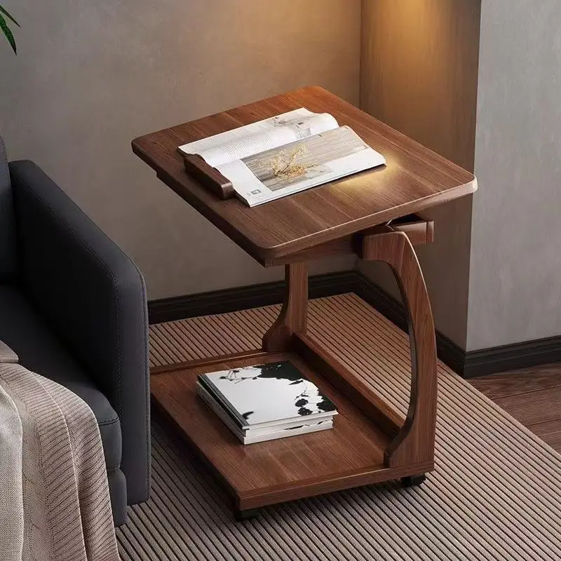 Small Movable Wooden End Table with Wheels Minimalist Nightstand for Sofa Bedside