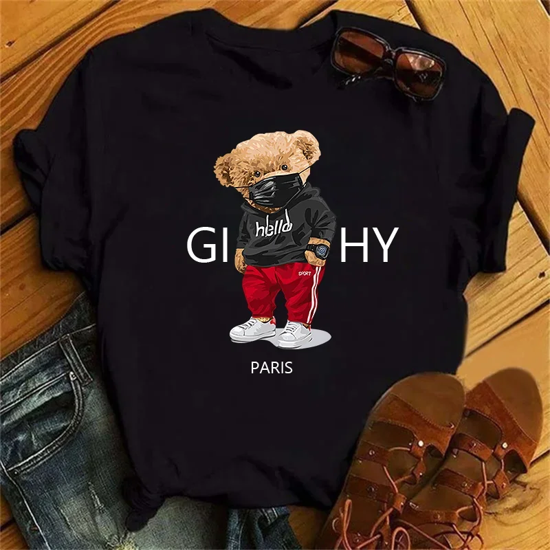 2024 New Women's Fashion T-shirt Bear 3D Printed Fashion Milan Daily Casual Short-sleeved Shirt 2023 Summer Crewneck Simple Stre