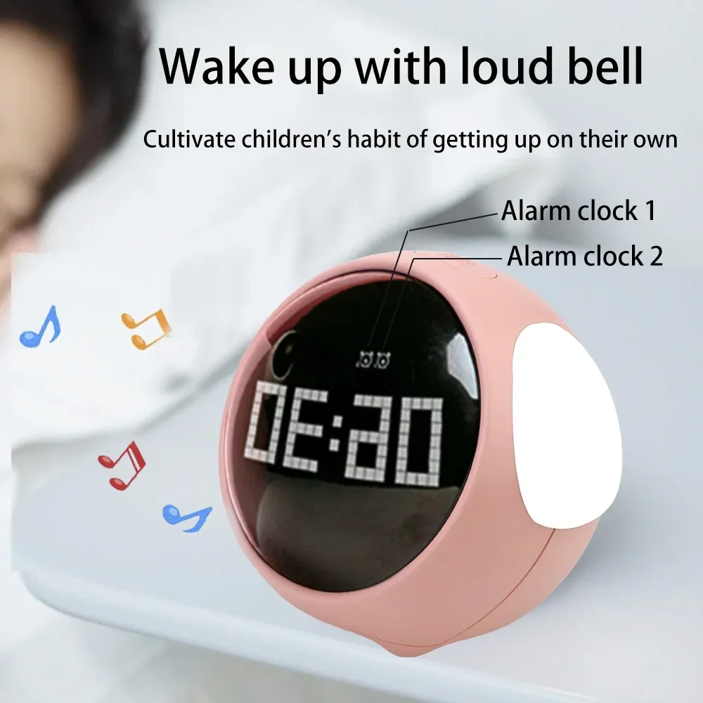 Cute Digital Alarm Clock with 5Voices Snooze Function Date Temperature 12/24 Hours Clock with Voice Activated Night Light
