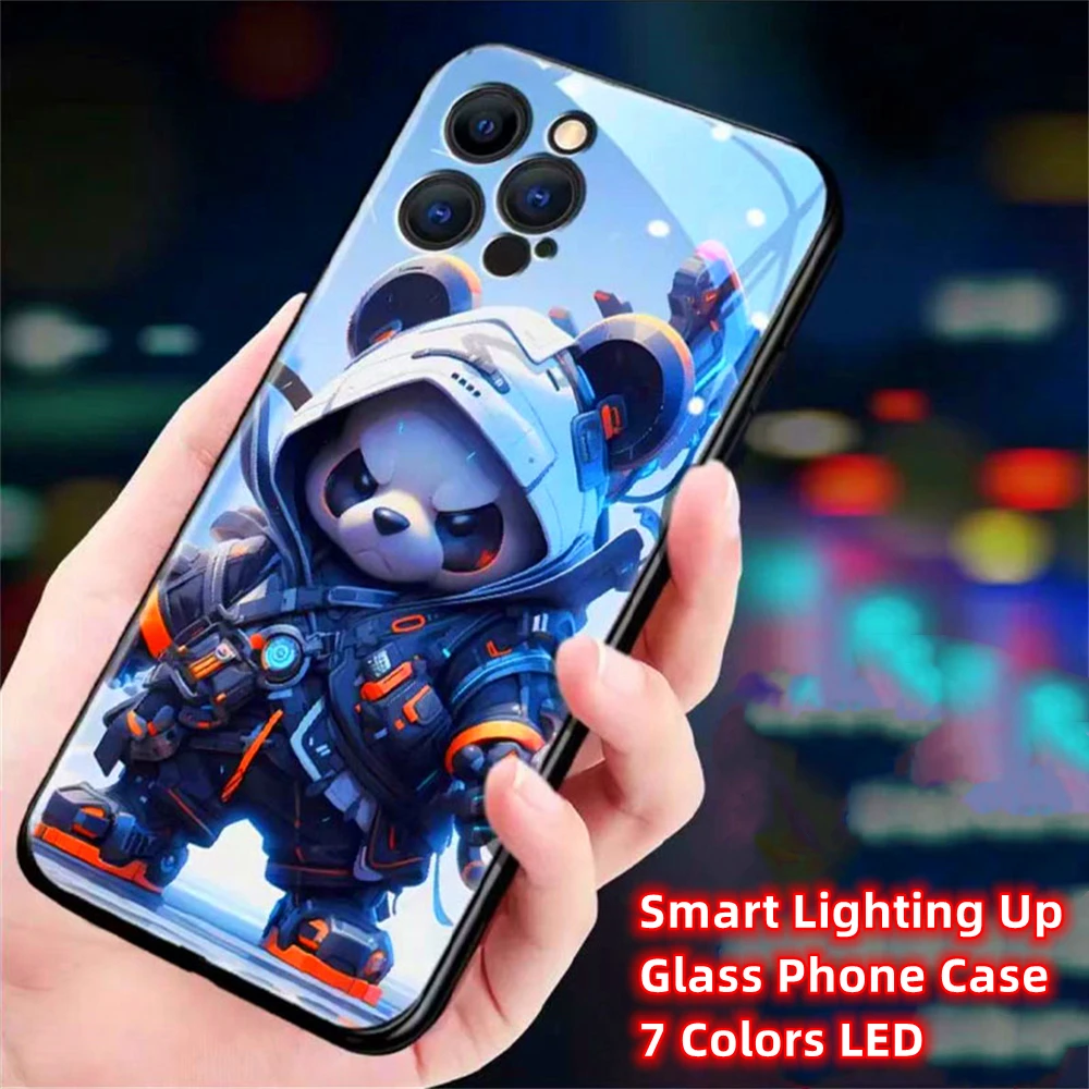 So Cool Panda Warrior Design LED Light Glow Luminous Phone Case For iPhone 15 14 13 12 11 Pro Max XR XS Plus 6 7 8 SE2020