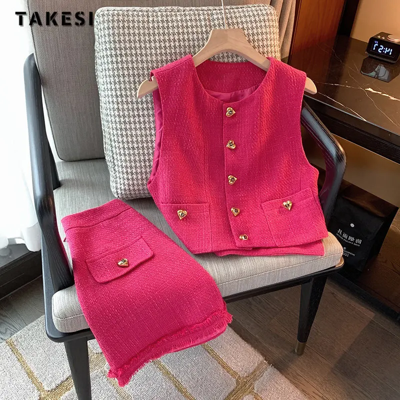 

2023 Summer Sweet Casual Tweed 2 Piece Set Women Sleeveless Vest Coat Top + A-line Tassels Skirt Vintage Two Piece Skirt Set