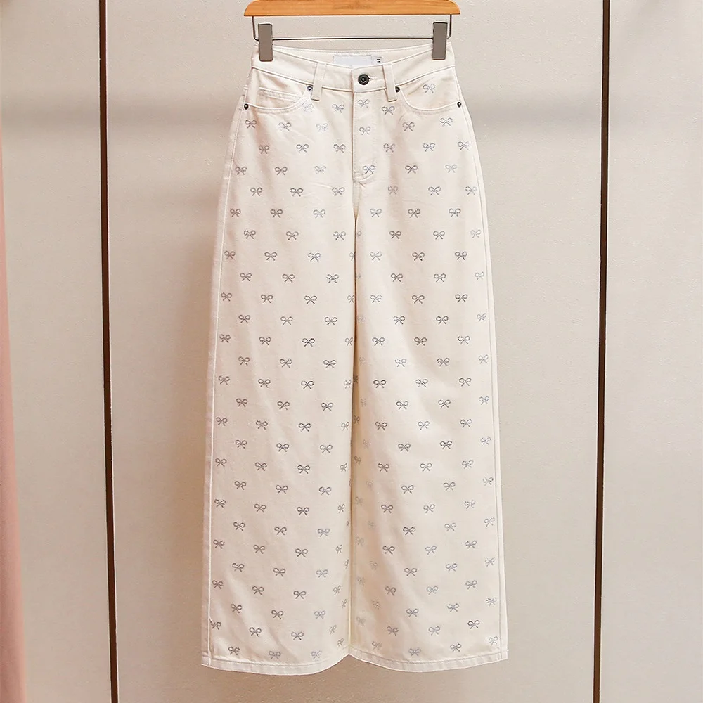 

traf 2025 women's jeans pure cotton hot diamond bow high waist women's clothing wide leg pants y2k New high quality trousers bra