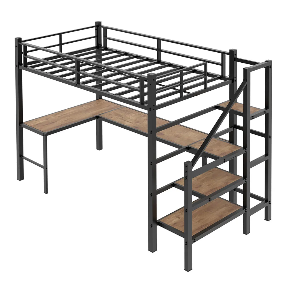 90x190cm Hohes Hochbettgestell mit L-förmigem Schreibtisch, platzsparendes Einzel-Hochbett mit Treppe, durchgehenden Sicherheitsgeländern, geräumigen Ablageflächen und Staufächern, stabiles Hochbett für Schlafzimmer, Teenager- und Erwachsenen-Schlafzimmermöbel – Detail 13