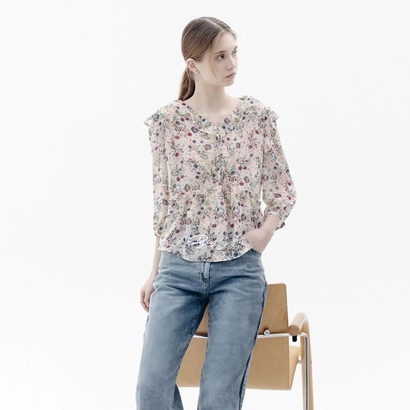 

Busy Fruit Beautiful Floral Print Chiffon irt V-ne Elastic Commute Sweet Match Upper irt Small irt Button Design