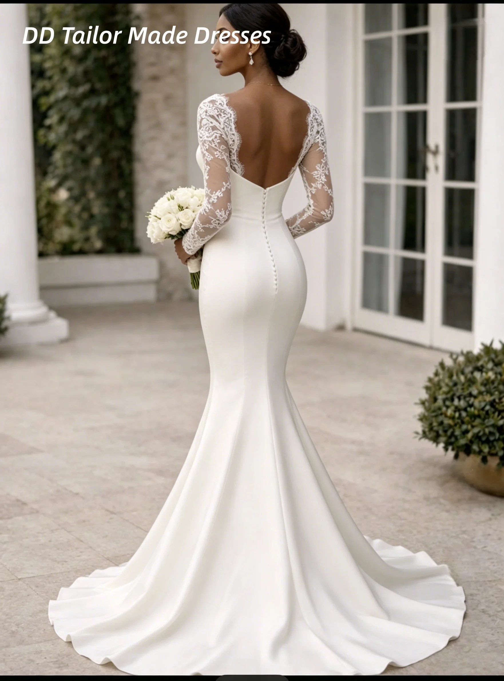 Sweetheart Illusion Lace Long Sleeve Mermaid Wedding Dress Backless Satin Fit Chapel Elegant Outdoor Bridal GownCustomized