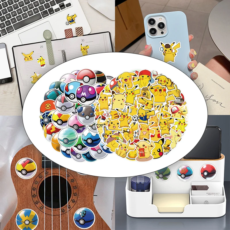 100PCS Kawaii Pikachu Anime Pokemon Stickers for Laptop Suitcase Skateboard Guitar Phone Cartoon Sticker Kid Gift Toys