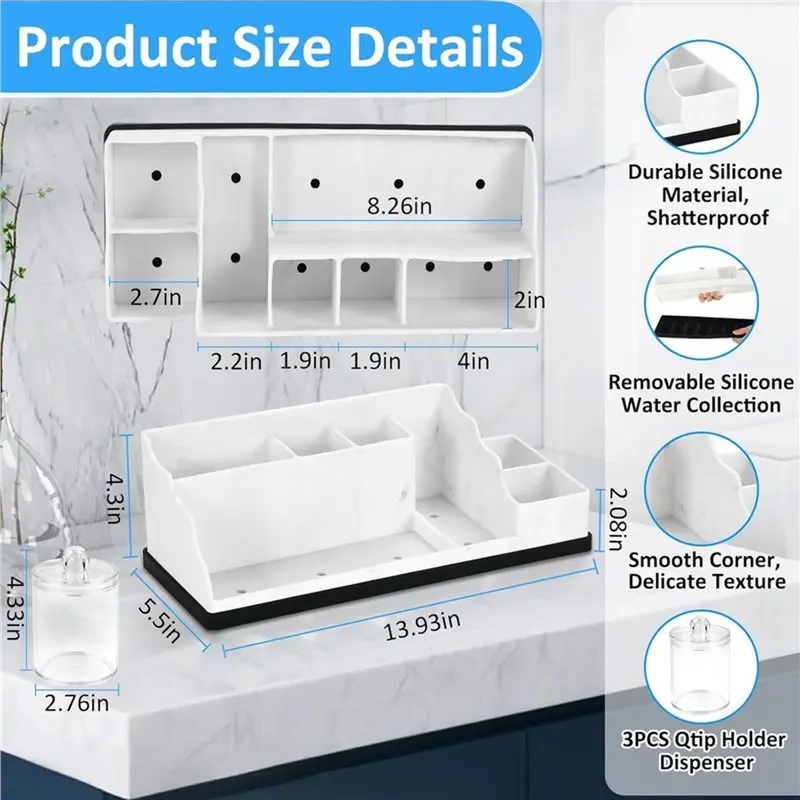 

ABBY-Silicone Органайзер для ванной комнаты с 3 держателями для ватных палочек, настольный органайзер для ванной, включая держатель для зубных щеток