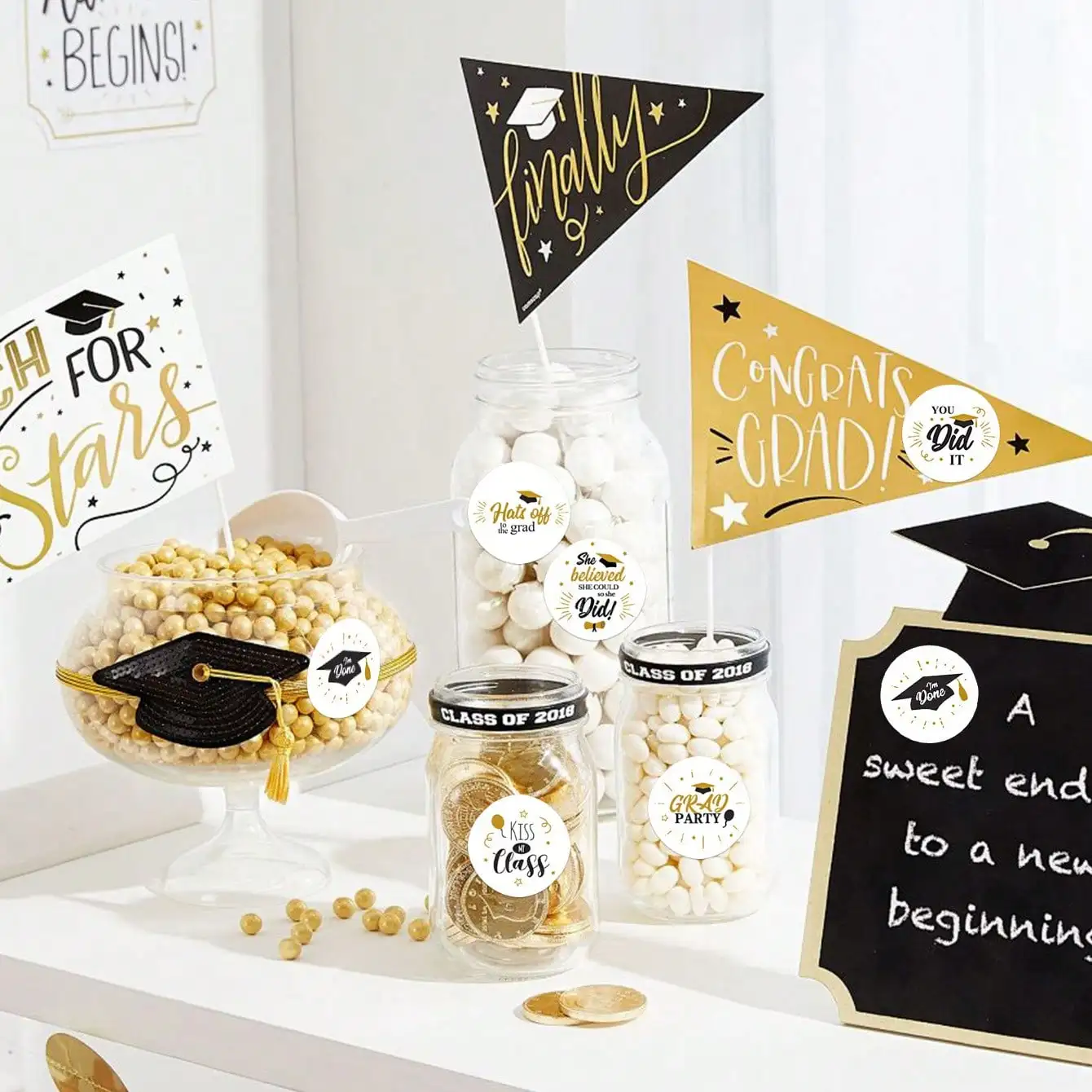 51-teiliges Set Abschlussfeier-Geschenktüten mit Aufklebern, Schwarz-Gold Abschluss-Leckerli-Tüten, Glückwunsch-Absolventen-Geschenktüten für den Abschluss – Detail 3
