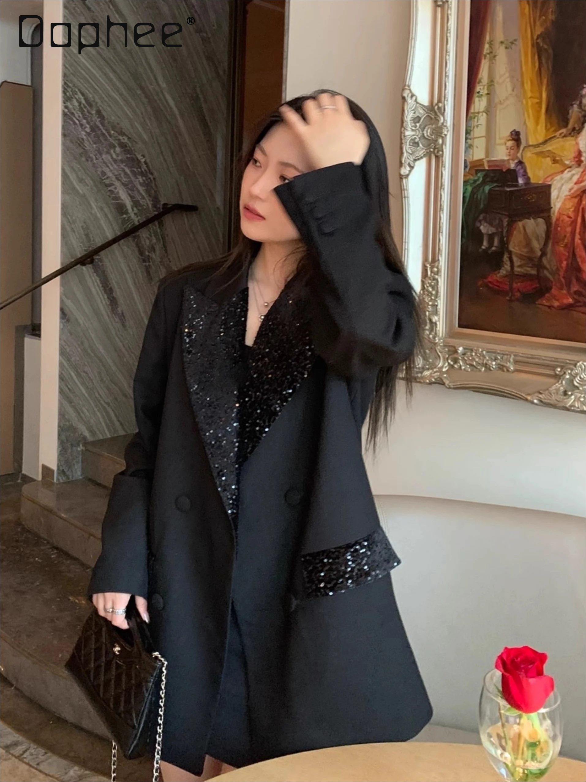 

Высококачественный светский пиджак с блестками в стиле пэчворк с перекрестным воротником, свободный приталенный классический стиль, модный черный пиджак для женщин