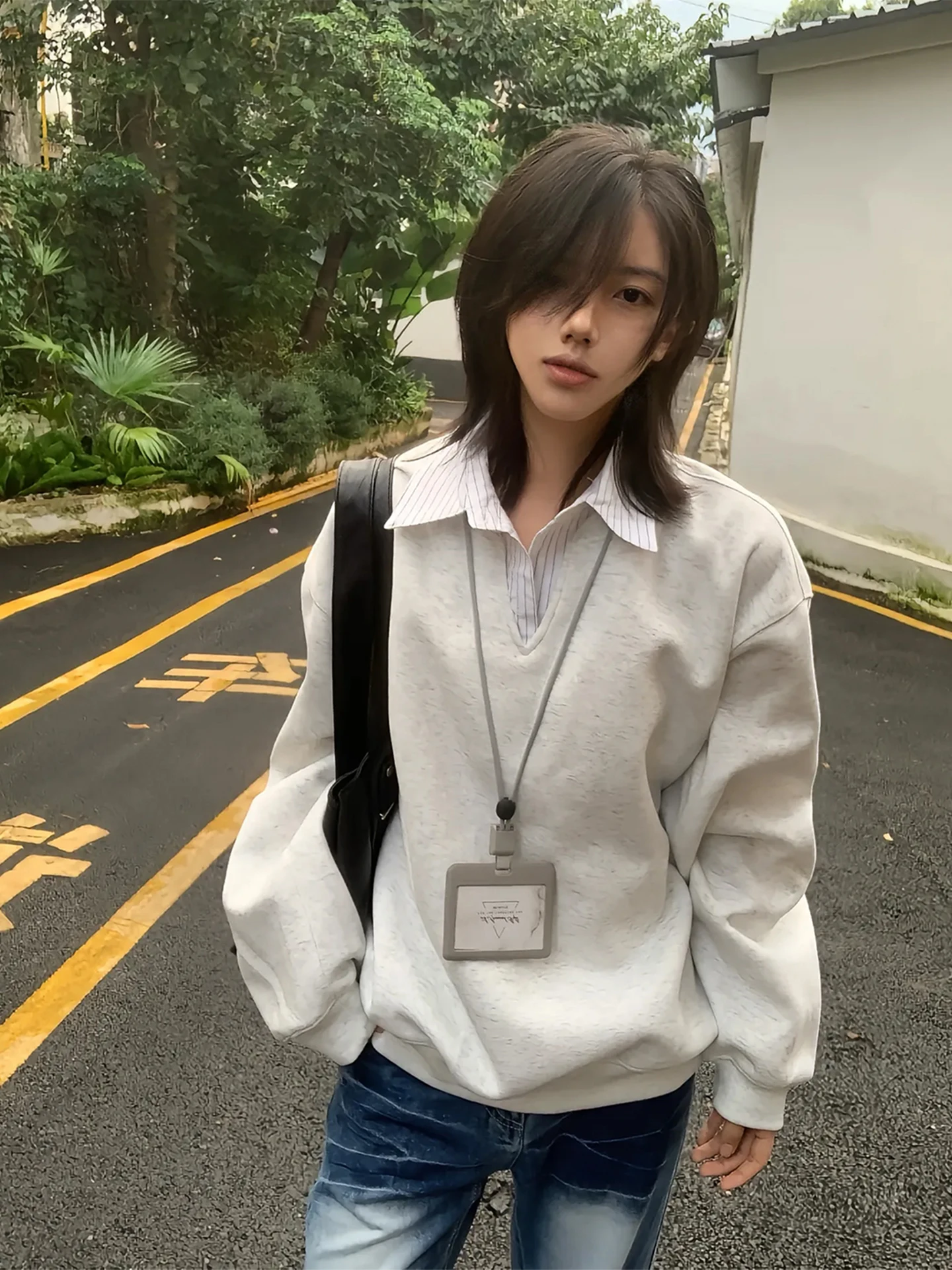 

Gray Neck Sweatshirt Long Sleeve Men's Base Shirt Couple's American Retro Style Autumn College Theme Loose Fit T-Shirt