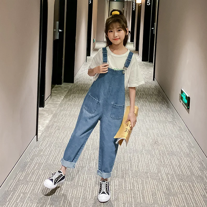 ZOETOPKID 2026 Autumn Kids Overalls Jeans for Girls Children Denim Jumpsuit Pockets Spring Teens Lady Miss Suspender Trousers