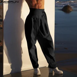 INCERUN Men's Pants Solid Color Lace Up Loose Joggers High Waist Casual Trousers Men Streetwear 2024 Fashion Leisure Pants S-5XL