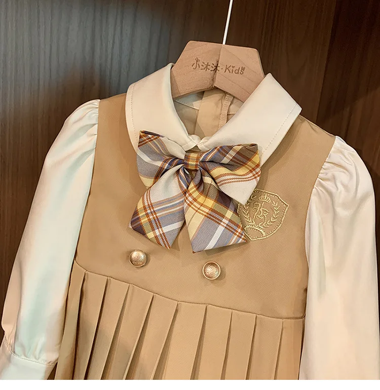 Fashion Autumn Baby Girls School Wears Brown Beige Patchwork Puff Sleeves Dresses Bowknot Decorated Zipper Pleated Skirts