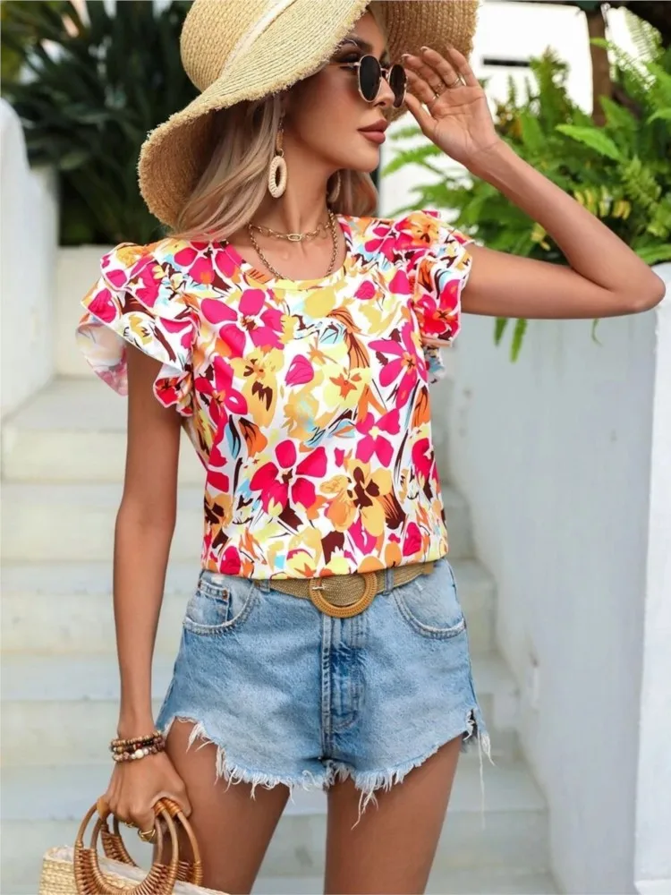 Elegant Blouses For Women Ruffle Short Sleeve Top Fashion Print Shirts & Blouses Youthful Woman Clothes Summer Trend 2024