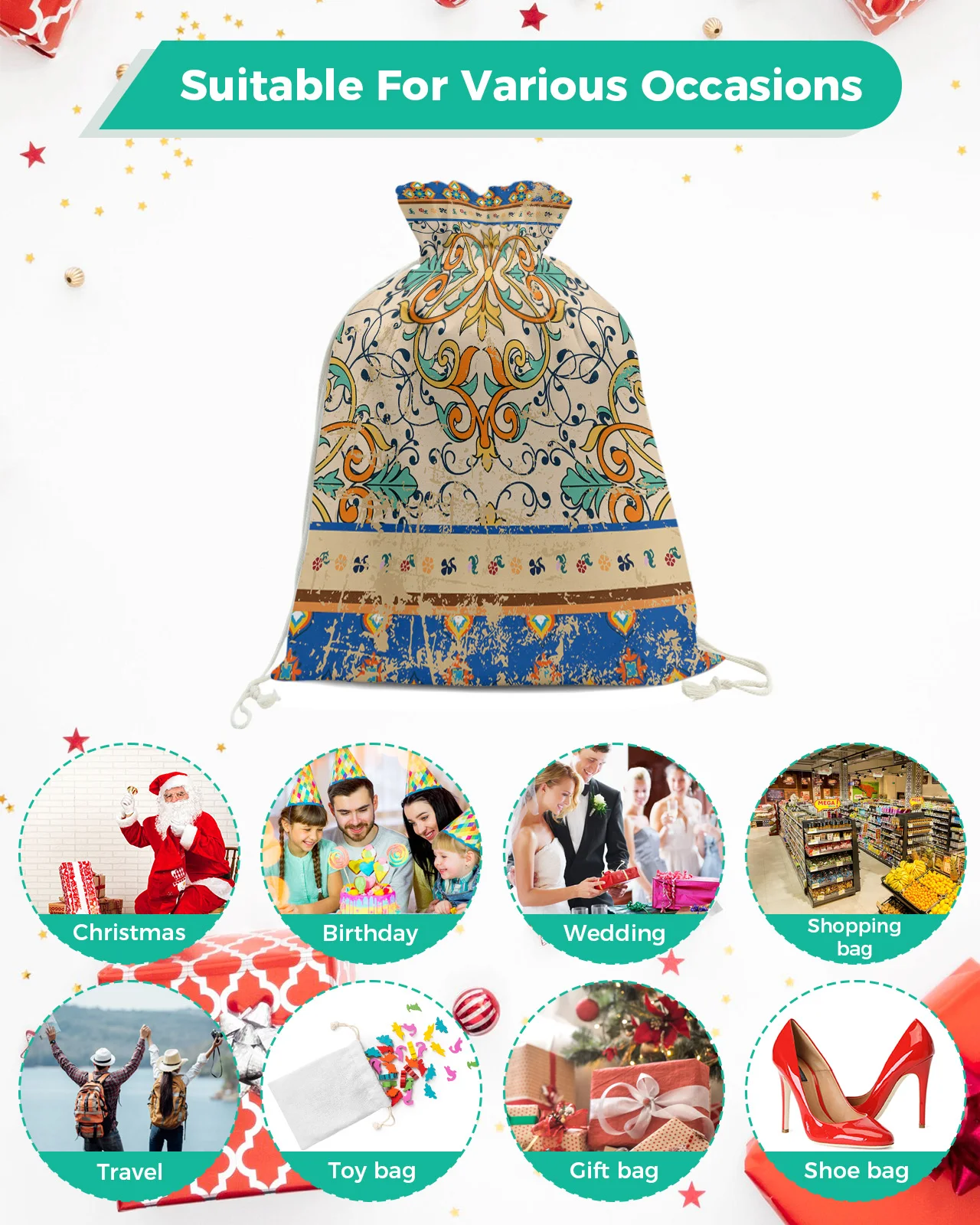 Tgürkiye-bolsas de dulces Retro con patrón persa, bolsa de regalo de Papá Noel, decoraciones para fiestas en el hogar, bolsas de regalo de lino para Navidad, suministros de embalaje