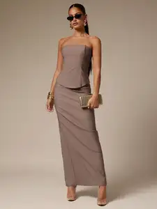 Women's Minimalist Tube Top & Long Skirt 2-Piece Set, Khaki, Elegant Office Wear for Dating or Commuting