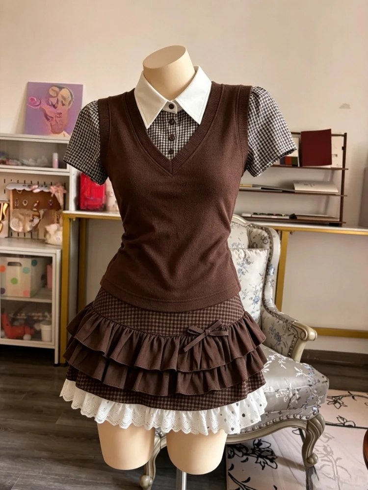 Retro Plaid Y2K Korean College 2 Piece Suit 2026 Autumn Women Short Sleeve Blouse High Waist Pleated Skirt Daily Outfits