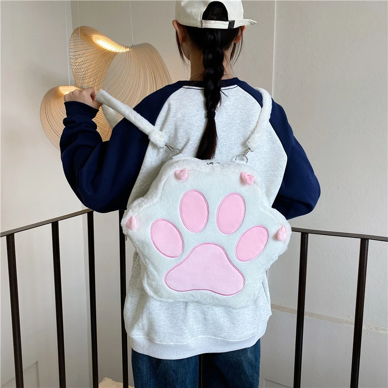 College Student Plush Pink Backpack Kawaii 3D Cartoon Cat Claw Girls Shoulder Bag Large Capacity White Schoolbag Female Rucksack