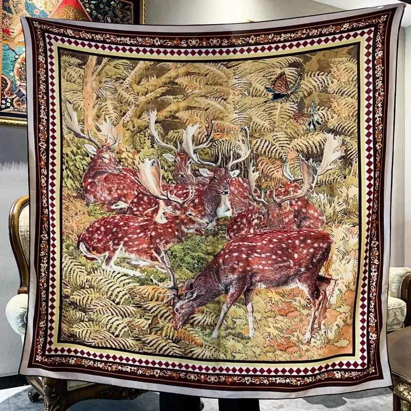 

High-end Elegant Women's Exquisite Lucky Elk Double-sided Printed Quality Silk Wool Hand-rolled Edge Large Square Scarf Shawl