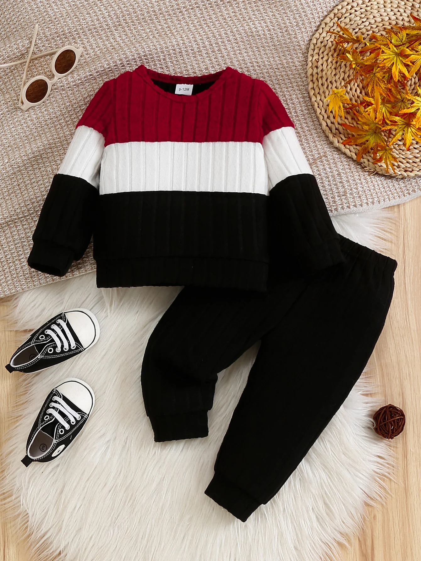 2Pcs Baby Color Block Outfit, Ribbed Sweatshirt Cuffed Pants Set 0-3T