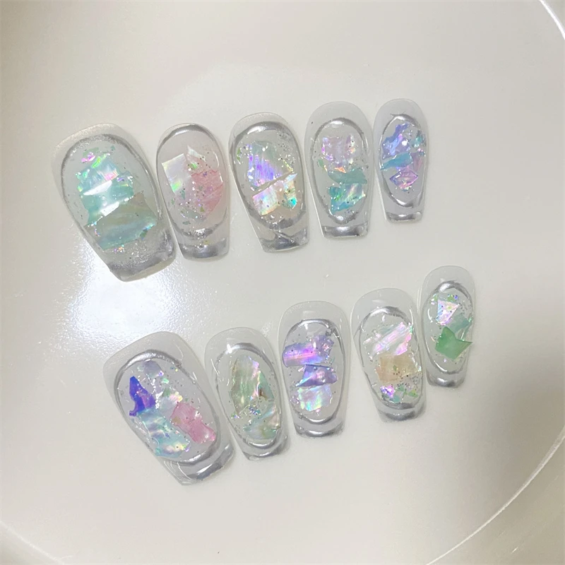 10 Uds. De uñas postizas cortas hechas a mano, decoración francesa con purpurina bonita, puntas de uñas postizas usables, conjunto de uñas de Ballet con lazo de perlas