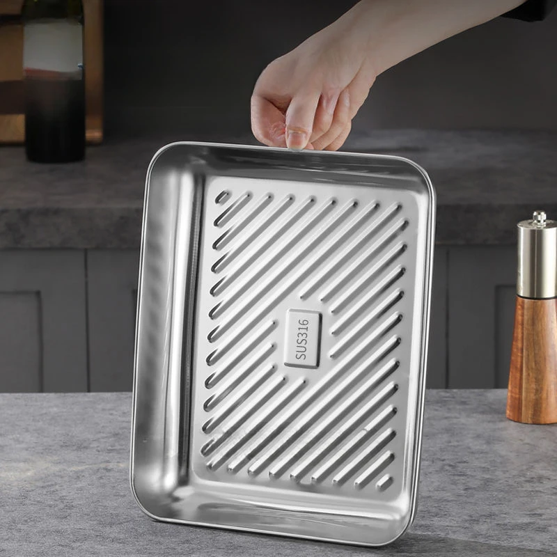 316 Stainless Steel with Cover Dumplings Tray Fresh-keeping Dish Rectangular Picnic Barbecue Multi-functional Storage Tray