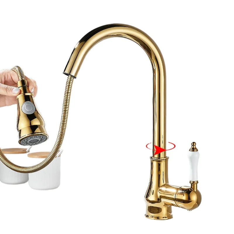 

Golden kitchen pull-out splash-proof faucet, vegetable basin universal hot and cold dishwasher faucet