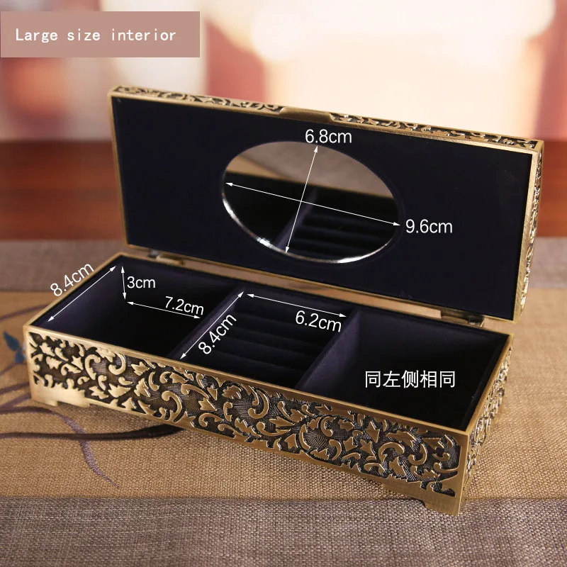 Rectangle Antique Metal Jewelry Box Trinket Storage Organizer Gift Box Chest Ring Case with Mirror for Girls Women