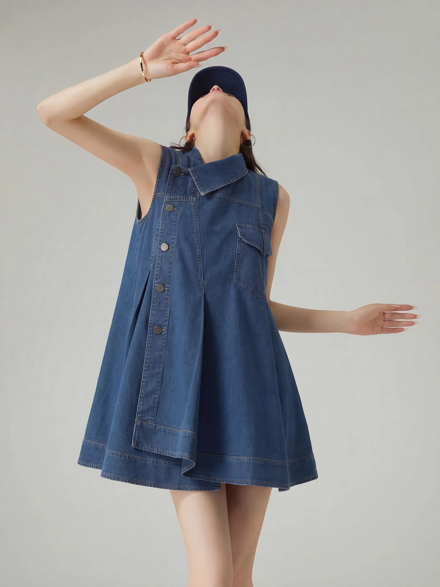 

Summer Loose Slim A-Line Denim Dress Asymmetrical Design Sleeveless Natural Waist Polyester Fiber City Commute Style H-Shape