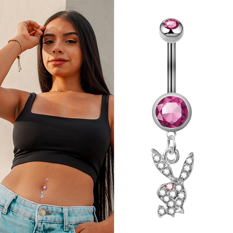 Anillo de vientre de conejo de acero inoxidable de moda: joyería hipoalergénica para ombligo con diamantes con colgante, Piercing para danza del vientre para mujer