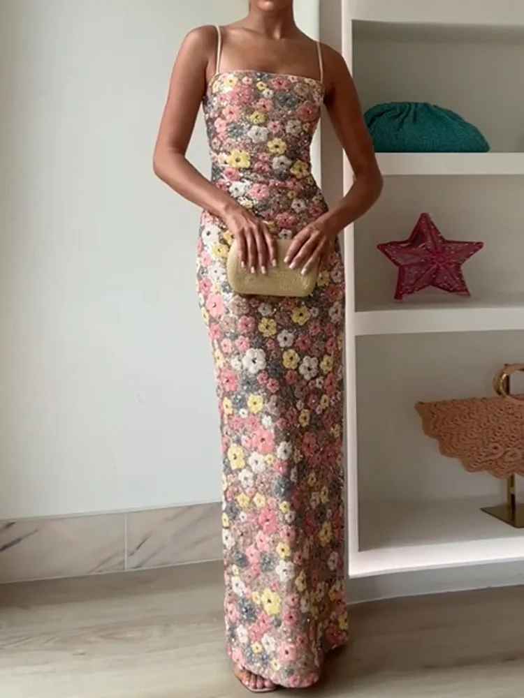 Robe de soirée Slim en Patchwork de fleurs et de paillettes pour femmes, robe Maxi d'été sans bretelles à la mode, robe Sexy sans manches pour dames, 2025