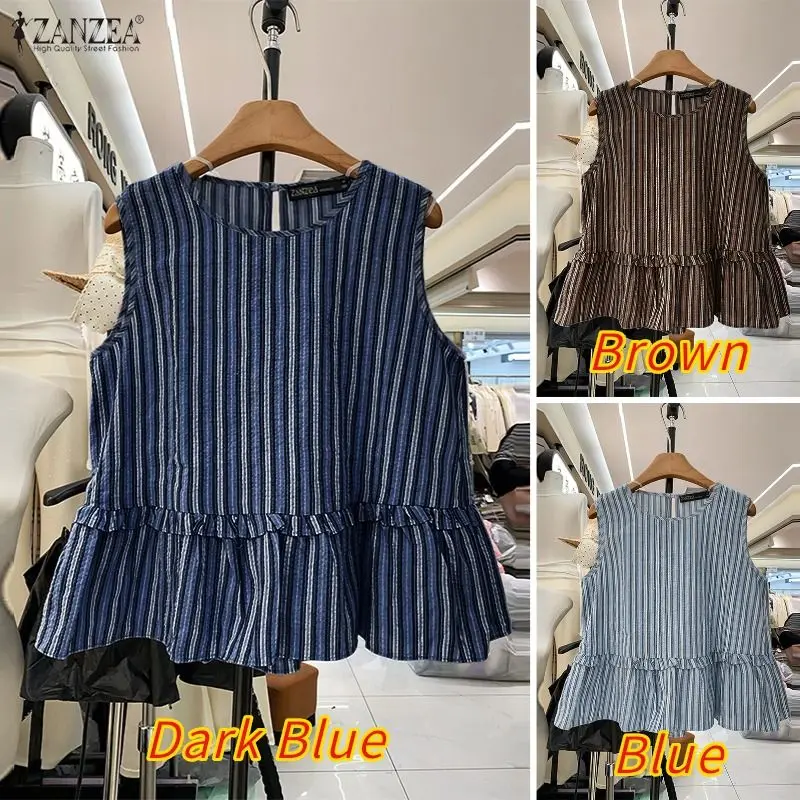 ZANZEA 2026 Sommer Gestreifte Tanktops für Damen O-Ausschnitt mit Rüschenbesatz Lose Ärmellose Tops Lässige Schicke Streetwear Damenkleidung – Detail 6