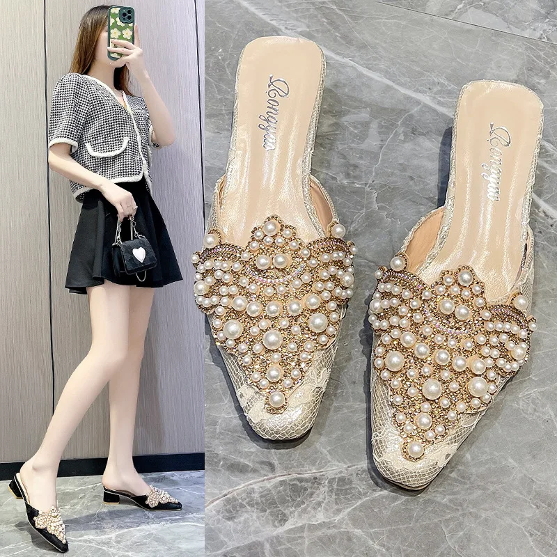 

Low Heel Summer Modern Slippers Outside Square Heel Ladies Shoes on Sale 2024 High Quality Solid String Bead Sexy Slippers