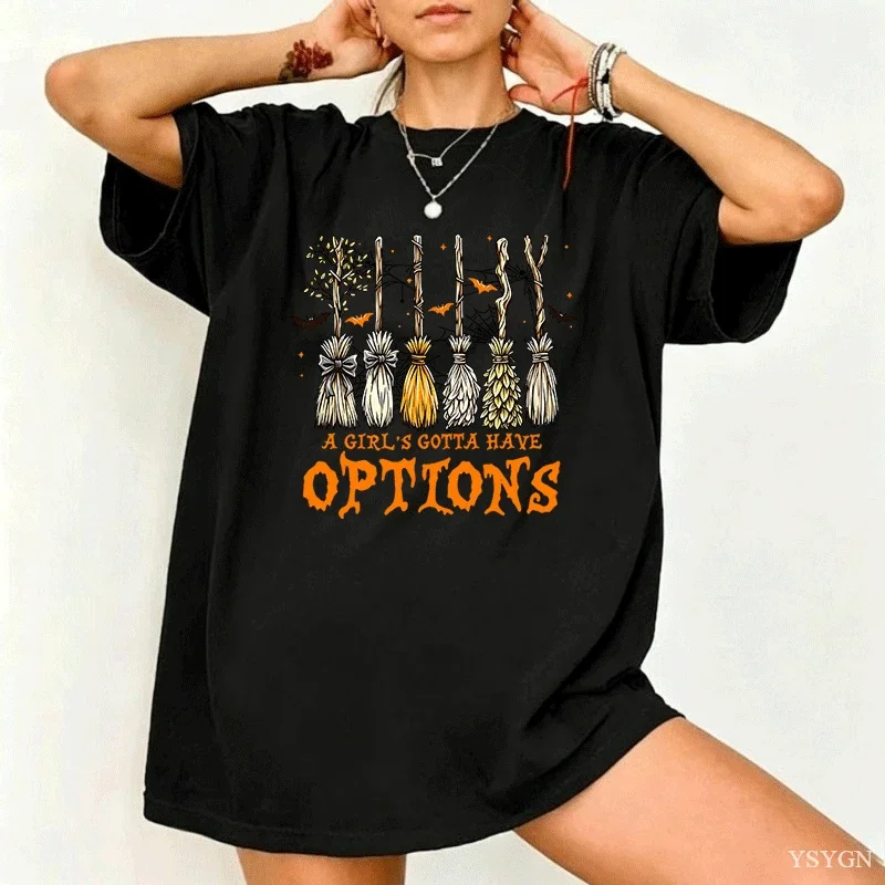 Retro Halloween Witches Broom Graphic Women's T-Shirt Funny Graphic Short Sleeve Tee Novelty Shirt Casual Crew Neck Top