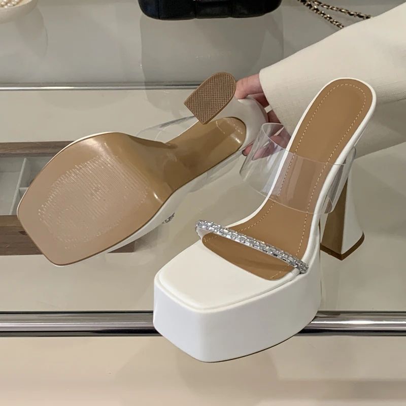 Aneikeh Fashion Chunky High Heeled Transparent PVC Slippers Women Shoes Sexy Square Toe Exposed Toe Sandals Banquet Pumps Summer