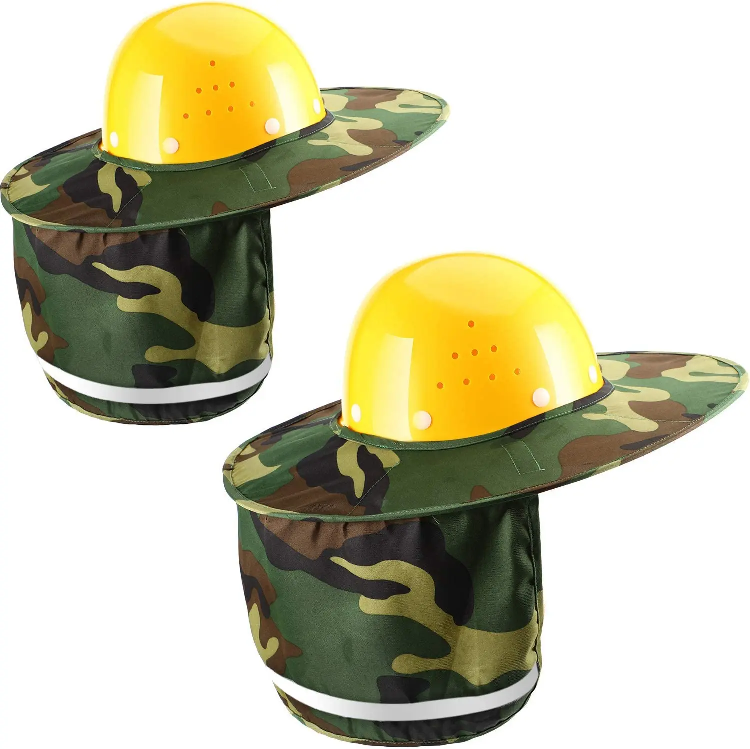 2 Pieces Camouflage Helmet Sun Shade Hard Hat Sun Neck Shield with Full Brim Reflective Stripe Adhesive Hook for Safety Helmet