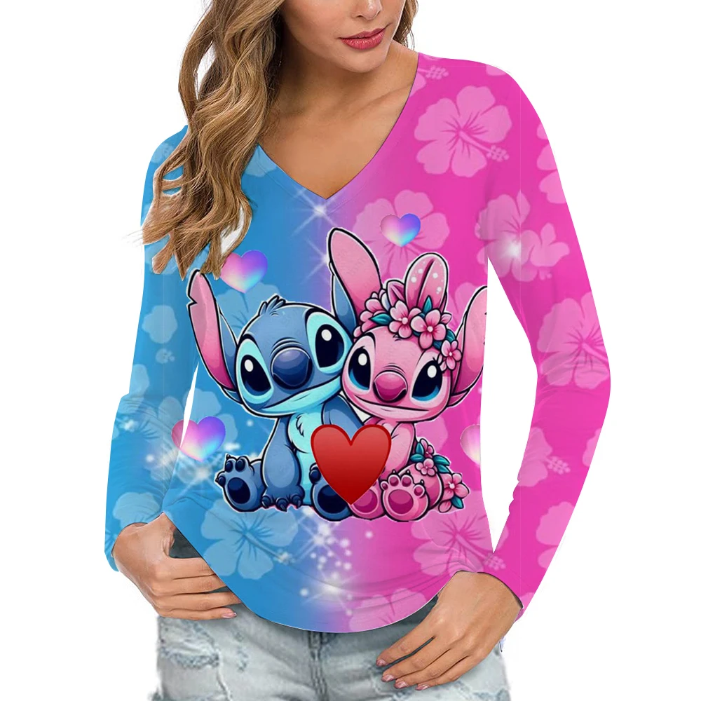 

Лило и Стич Весенняя новая футболка с длинным рукавом Женская базовая футболка Oversize Футболка Женская Повседневная женская футболка с круглым вырезом Размер США