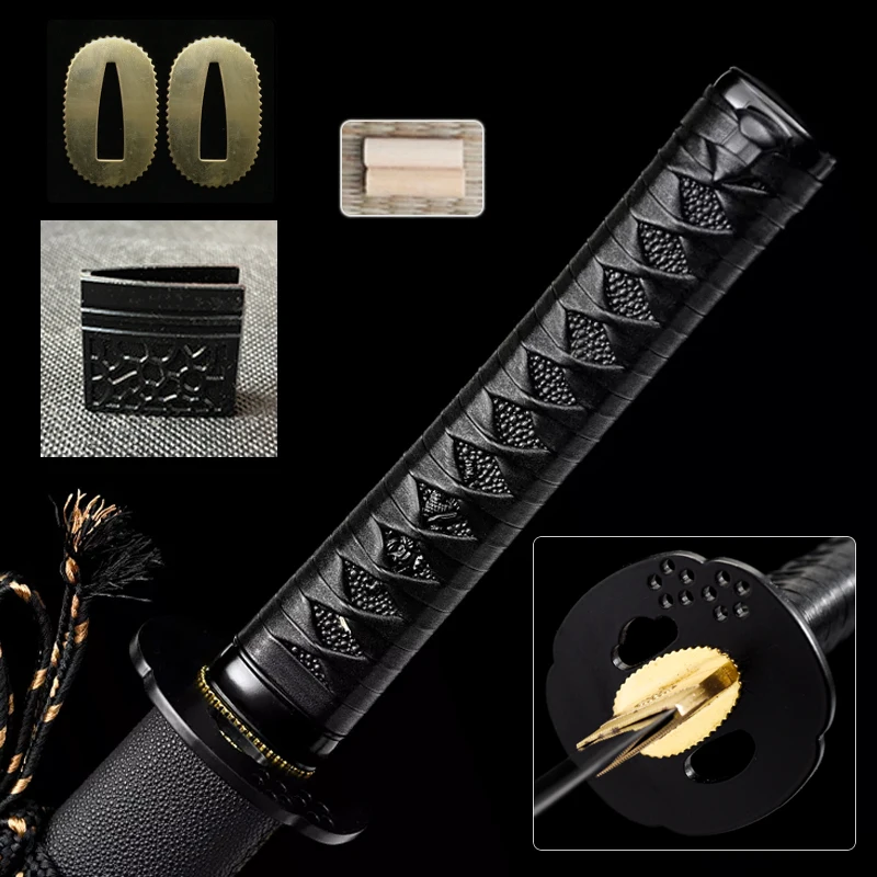 

Japanese Sword Handle Set,Iron Tsuba,Hardwood Tsuka,With Fake Leather,Cotton Ito Cord,Katana Fittings,Wakizashi Suitable