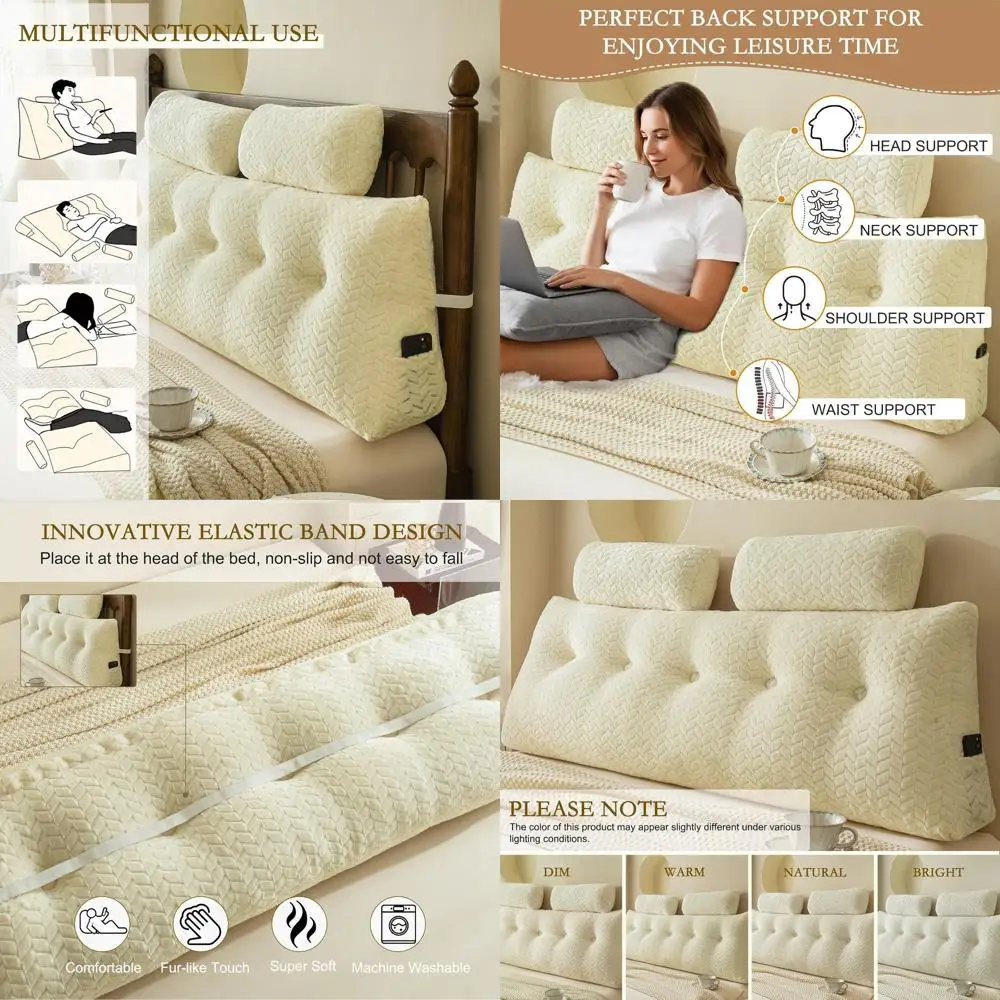 

Queen Size Wedge Headboard Pillow with 2 Neck Roll Pillows, Triangular Bolster for Bed, Daybed, and Lounging, Off-White