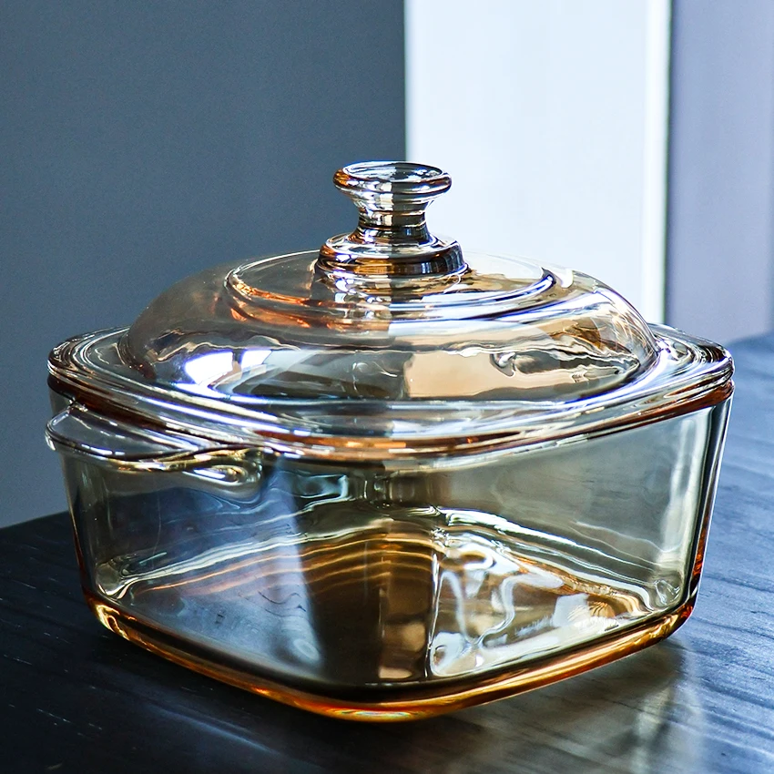 Heat Temperature Resistant Kitchen Glass Soup Food Dish Large Home Casserole Amber Glass Casserole