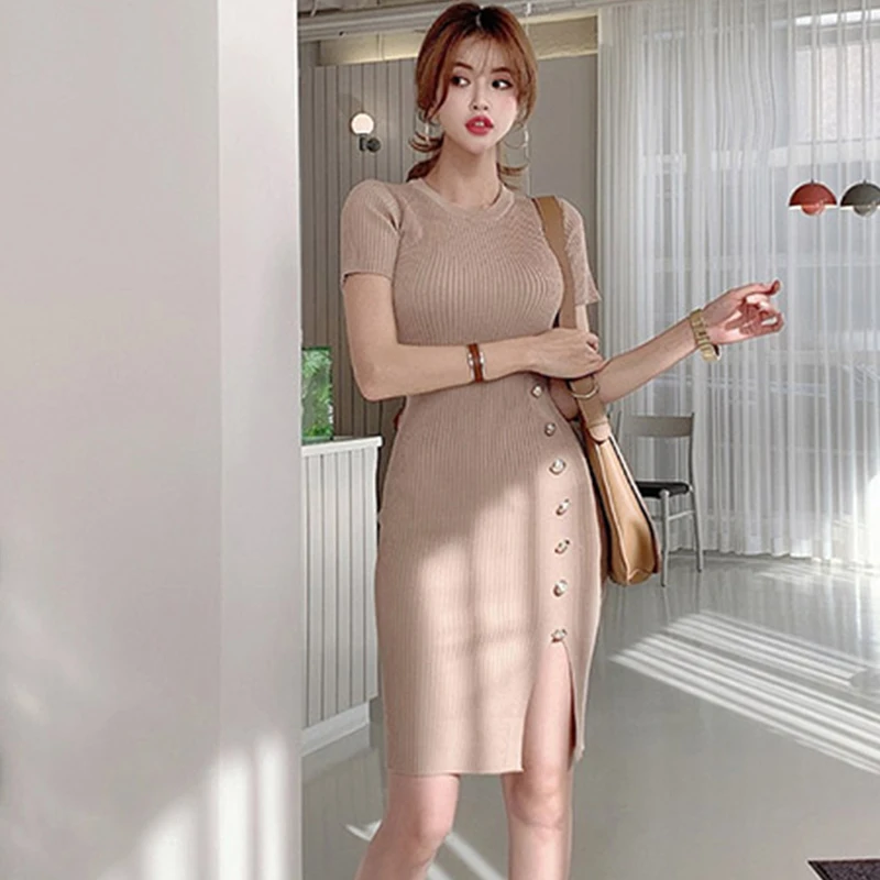 H Han Queen Autumn Vintage Elastic Knitted Dresses Elegant Office Work Vestidos Sheath Bodycon Split Party Women Pencil Dress