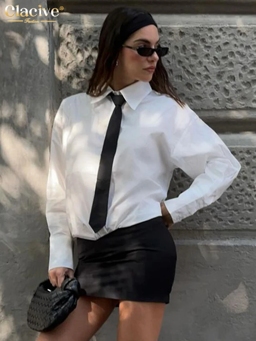 Clacive Mode Losse Witte 2-delige sets Damesoutfit Elegant shirt met lange mouwen en hoge taille Minirok Set Vrouwelijke streetwear