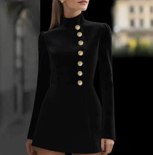 

Autumn Temperament Slim Fit Solid Color Stand Up Collar Single Breasted Suit Dress Commuting Casual Elegant Dress for Women