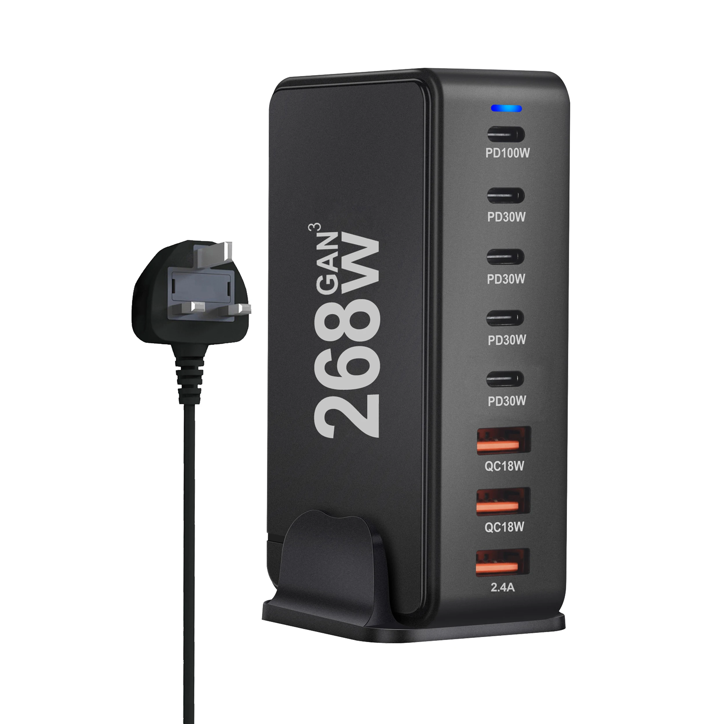 268W GaN Charger USBC Charging Station for Multiple Devices - 8 in 1 USB Hub with 5 USBC Ports, 2 QC(18W) 1*2.4A Port USB Chargi