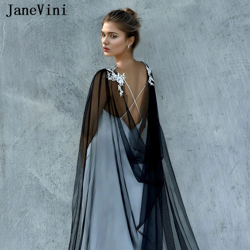 JaneVini Black Lace Applique Bolero Women Elegant Wedding Cape Shoulder Cover for Brides Tulle White Shawl Bridal Wraps Capelet