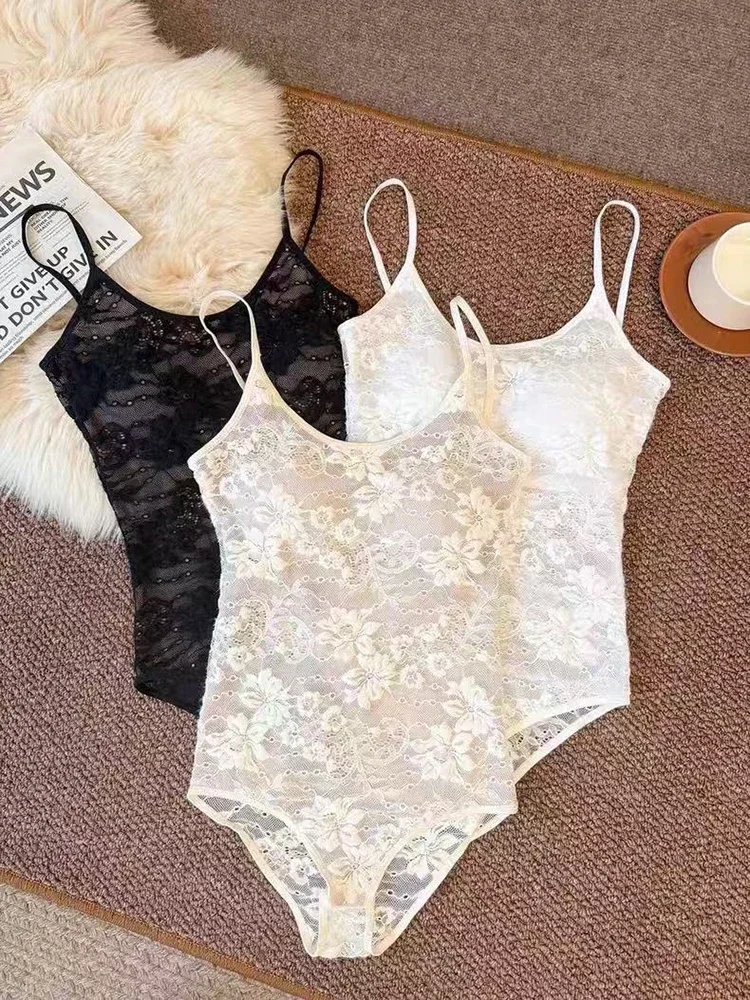 Sexy Lace Crop Bodysuit Women Y2K Fashion Slim Spaghetti Straps Casual Tees Summer Streetwear Hot Girls Bodysuits Jumpsuit