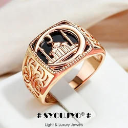 SYOUJYO Black Signet Men's Ring With 585 Rose Gold Color Castle Pattern Exquisite Carving Big Size Easy-Matching Daily Jewelry